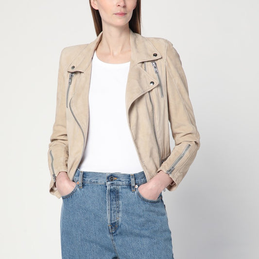 Beige Biker Jacket In Suede Leather