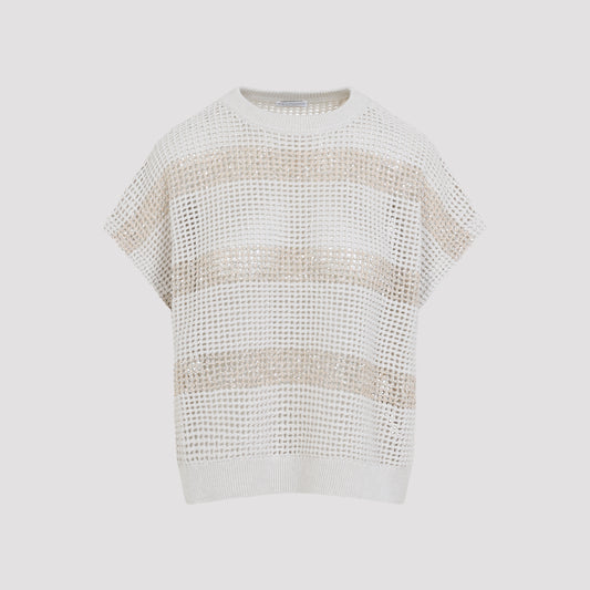 Ivory Knit Striped Cotton Sweater