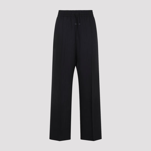 Black Striped Virgin Wool Wide Leg Drawstring Pants