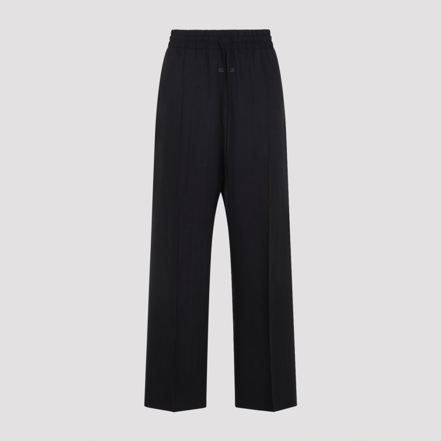 Black Striped Virgin Wool Wide Leg Drawstring Pants