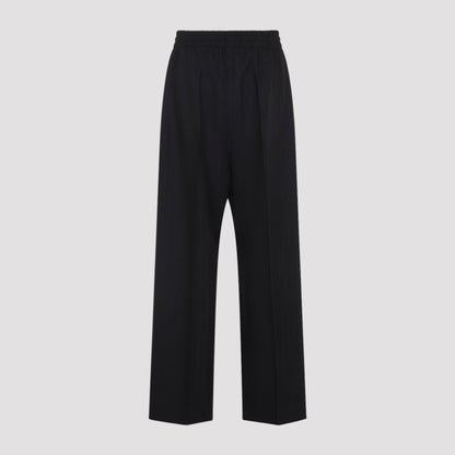 Black Striped Virgin Wool Wide Leg Drawstring Pants