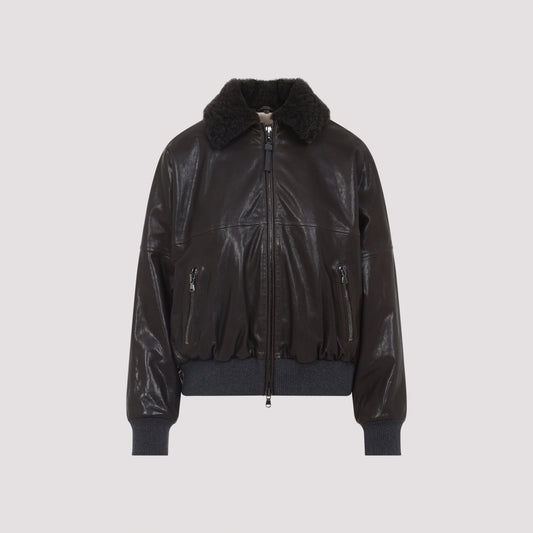 shearling collar leather jacket-image-1