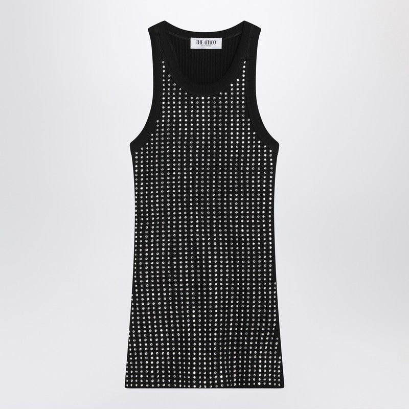 Black Sleeveless Cotton Top With Crystals