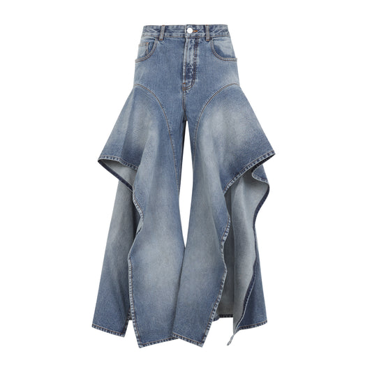 Faded Blue Cotton Ruffle Pants