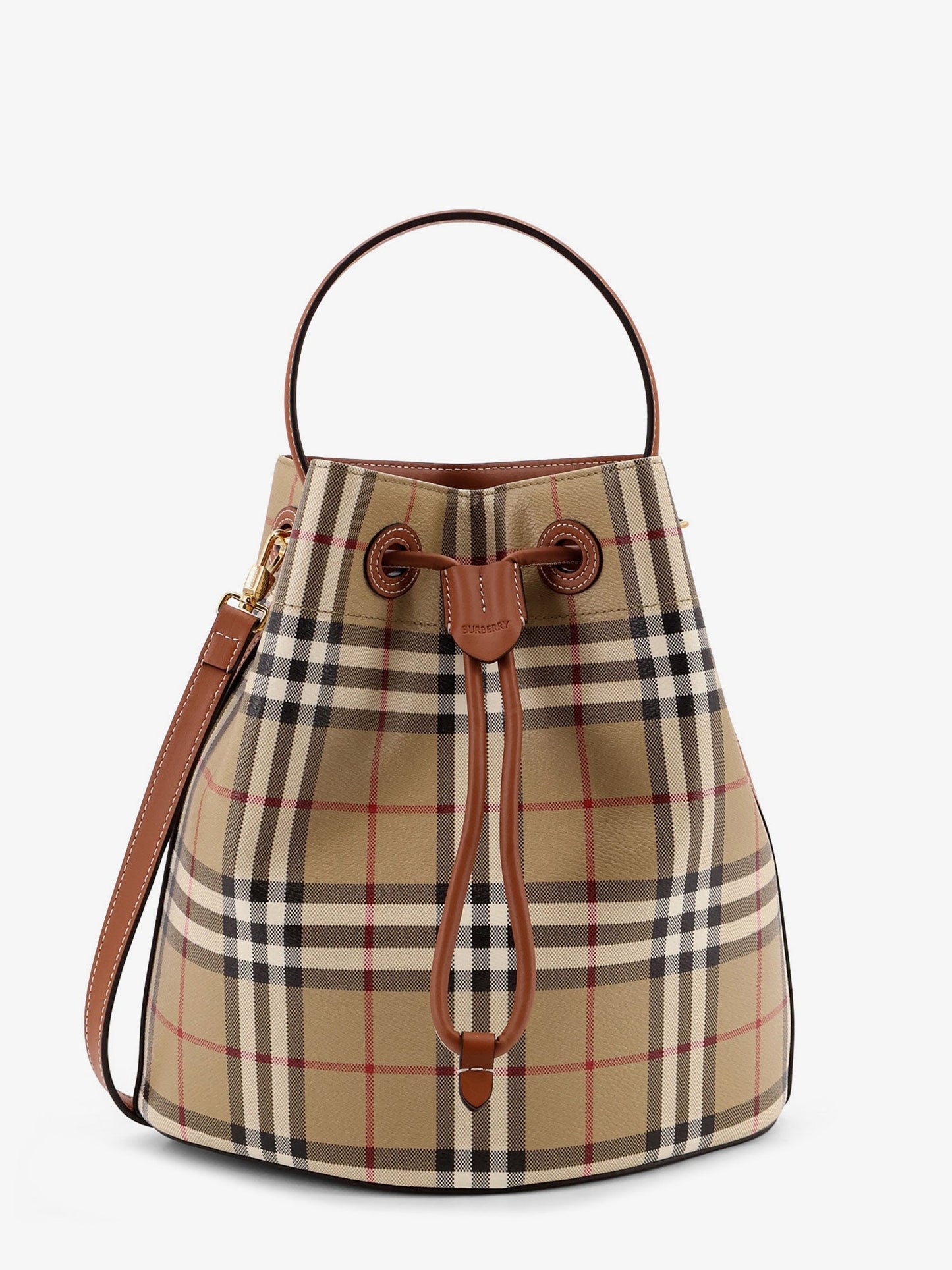 Coated canvas bucket bag with check pattern