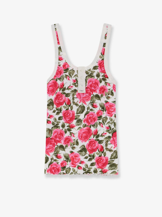 Cotton Henley tank top with all-over floral pattern