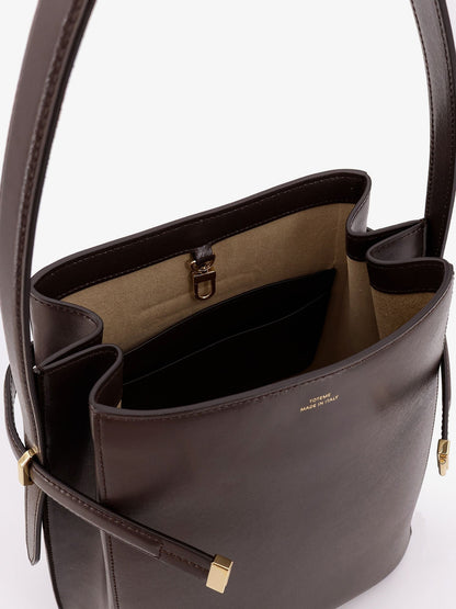Leather bucket bag with strap on the front