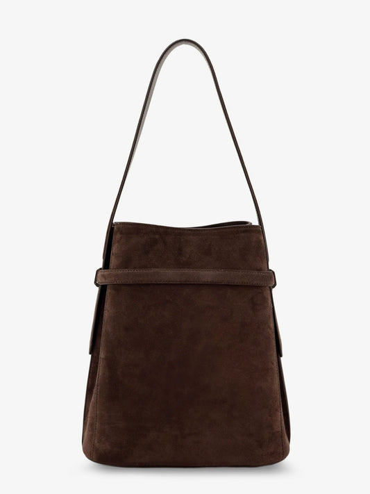 Suede shoulder bag with metal detail on the front
