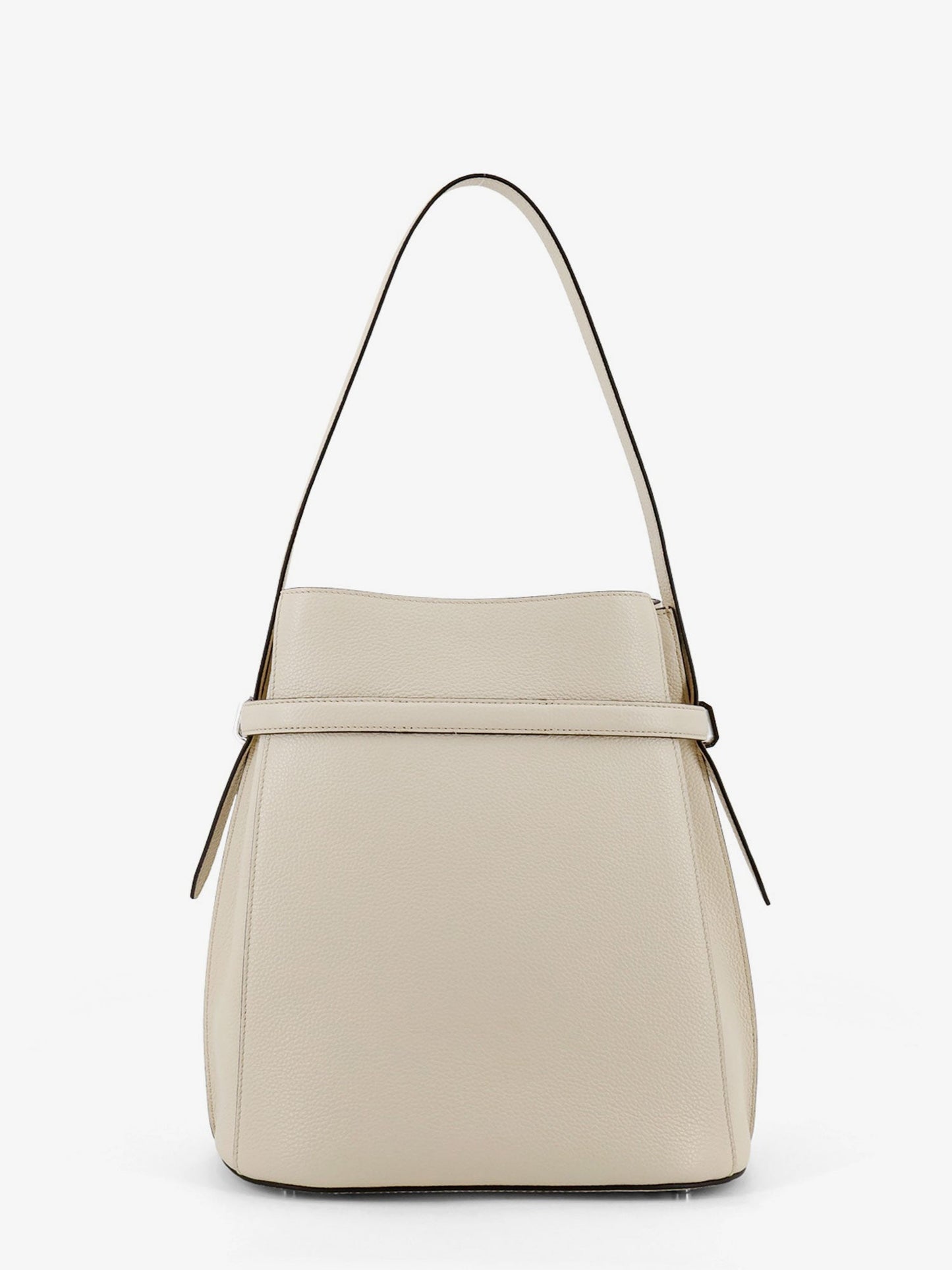 Hammered leather bucket bag with strap on the front