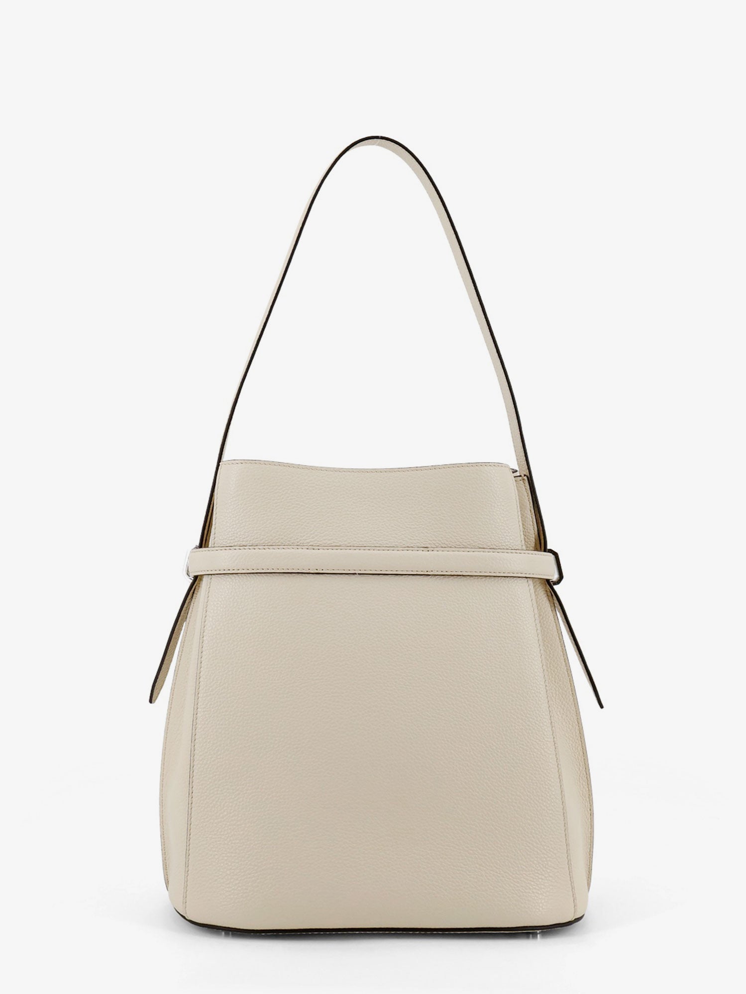 Hammered leather bucket bag with strap on the front