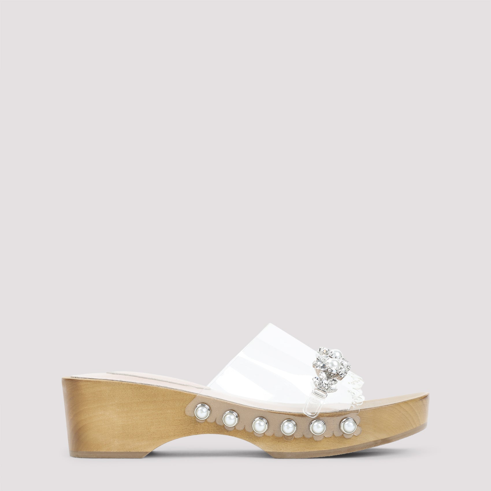 Clear Pearl White Scalopped Wooden Clog Sandals