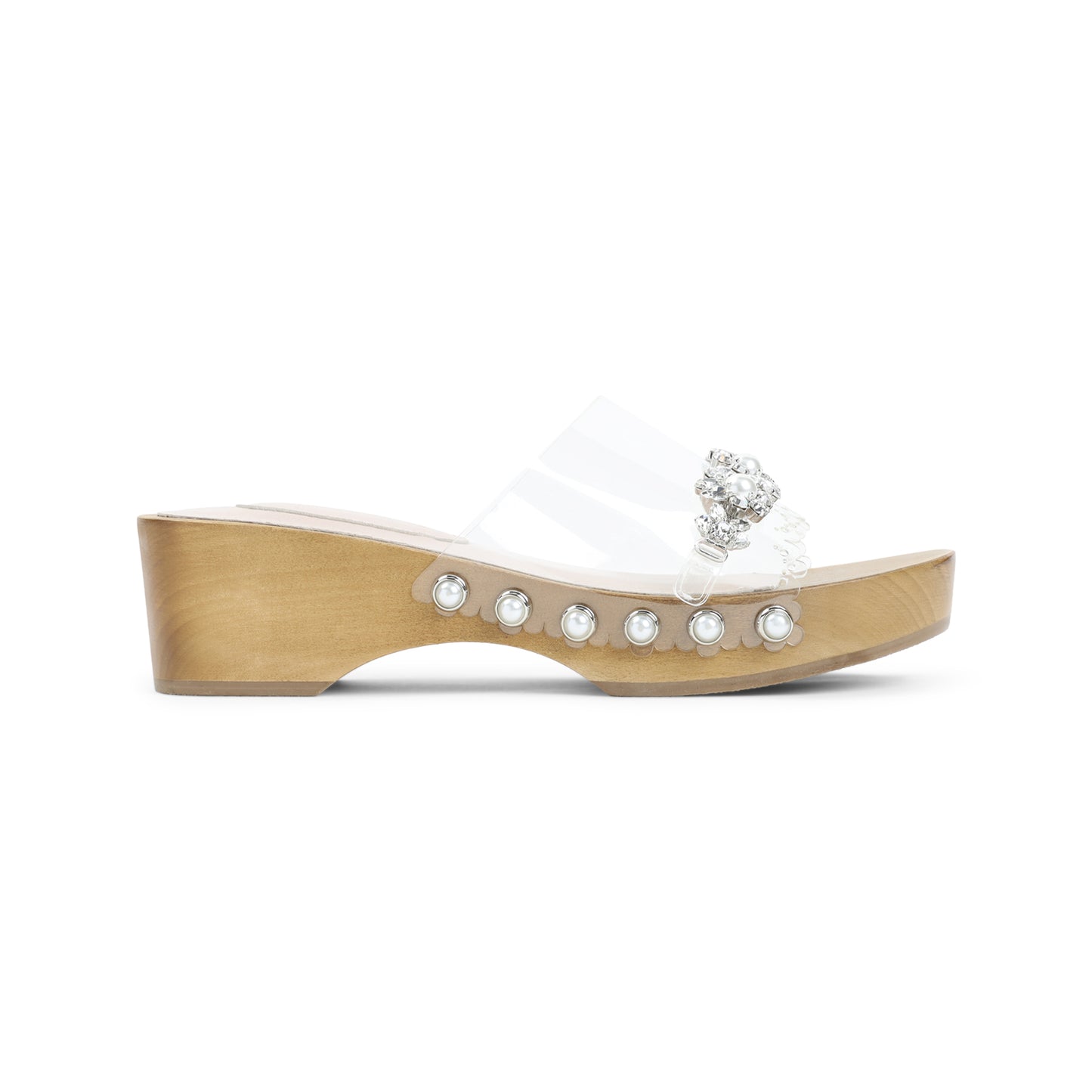 Clear Pearl White Scalopped Wooden Clog Sandals