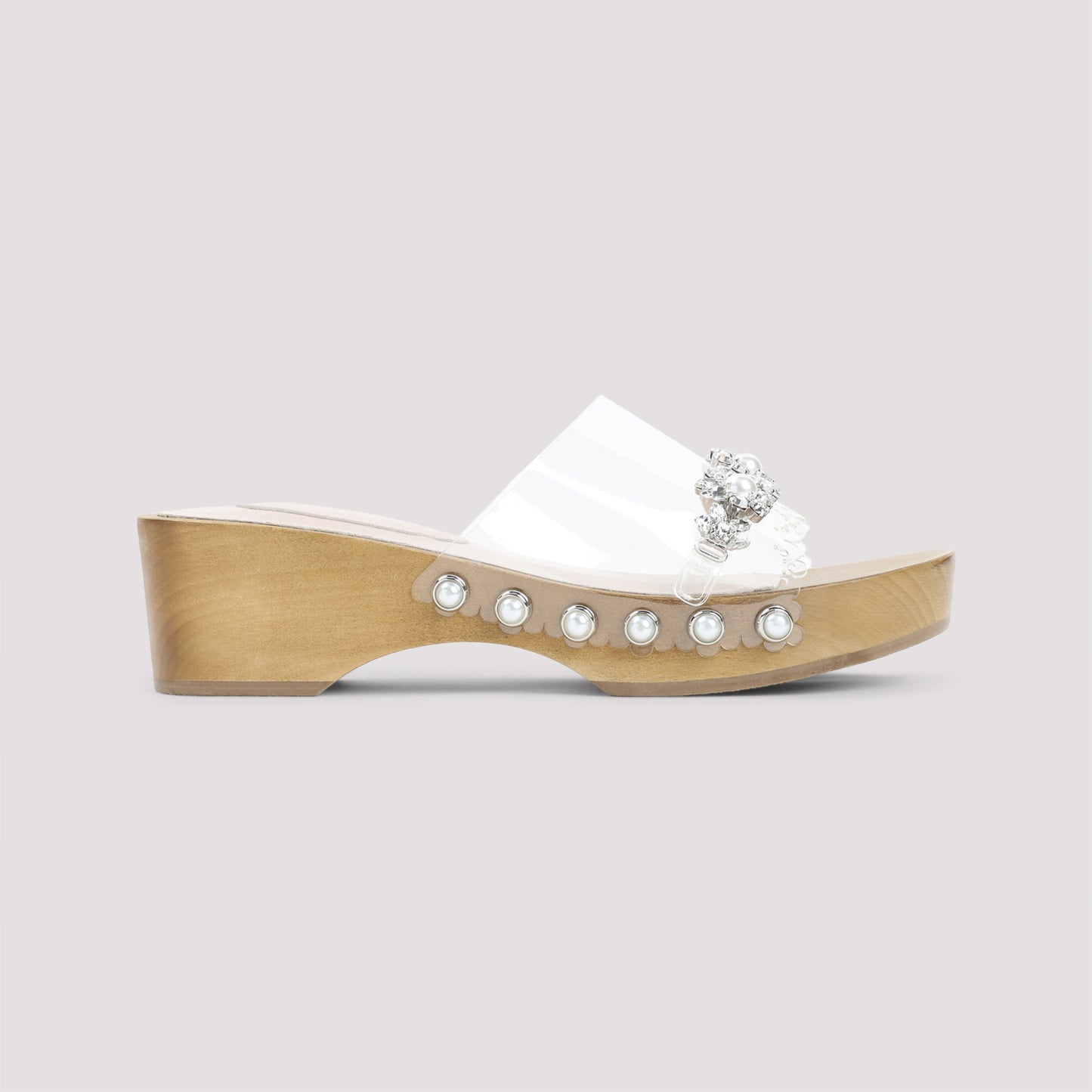 Clear Pearl White Scalopped Wooden Clog Sandals