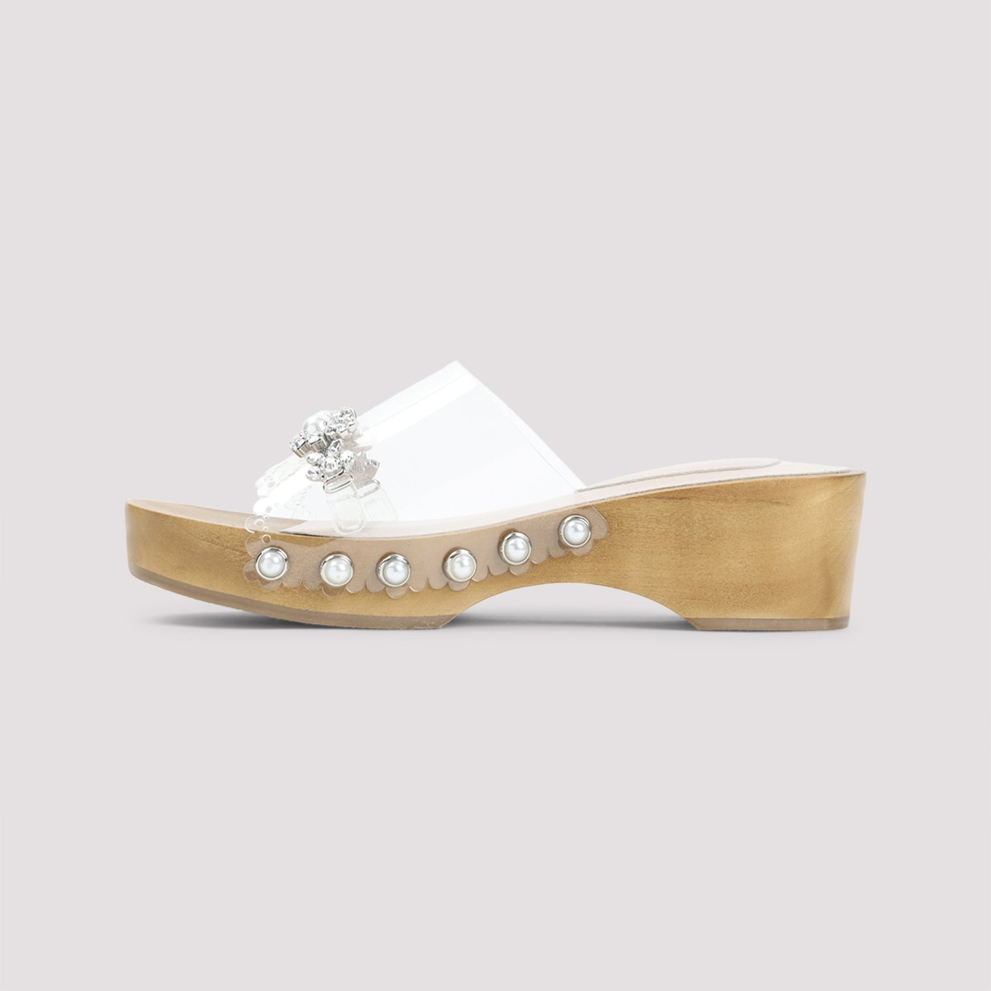 Clear Pearl White Scalopped Wooden Clog Sandals