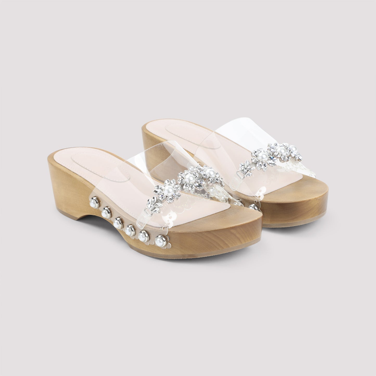 Clear Pearl White Scalopped Wooden Clog Sandals