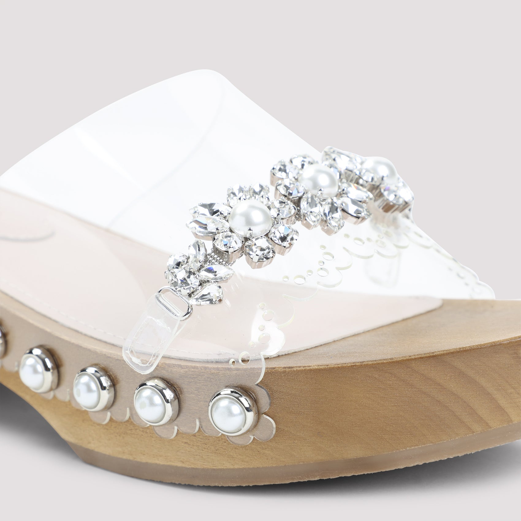 Clear Pearl White Scalopped Wooden Clog Sandals