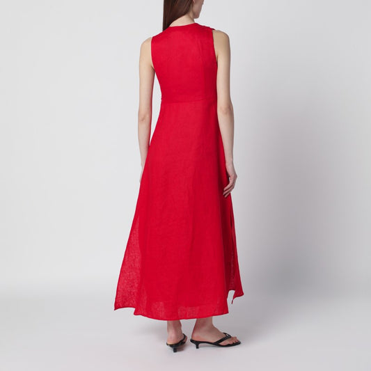 Red linen dress with floral appliqués