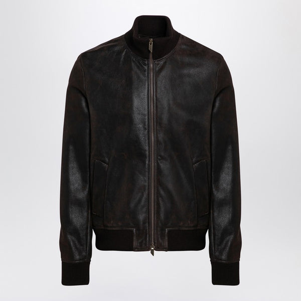 Dark Brown Leather Bomber Jacket