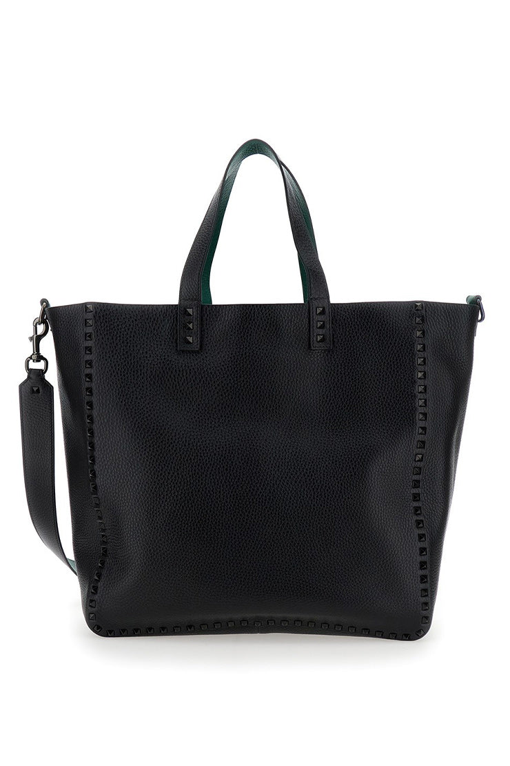 Reversible Tote Bag With Studs In Grained Leather