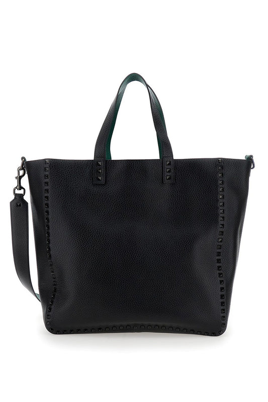 Reversible Tote Bag With Studs In Grained Leather