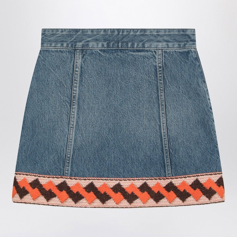 Denim mini skirt with jacquard trim