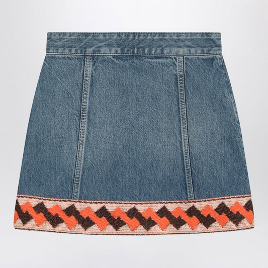 Denim mini skirt with jacquard trim