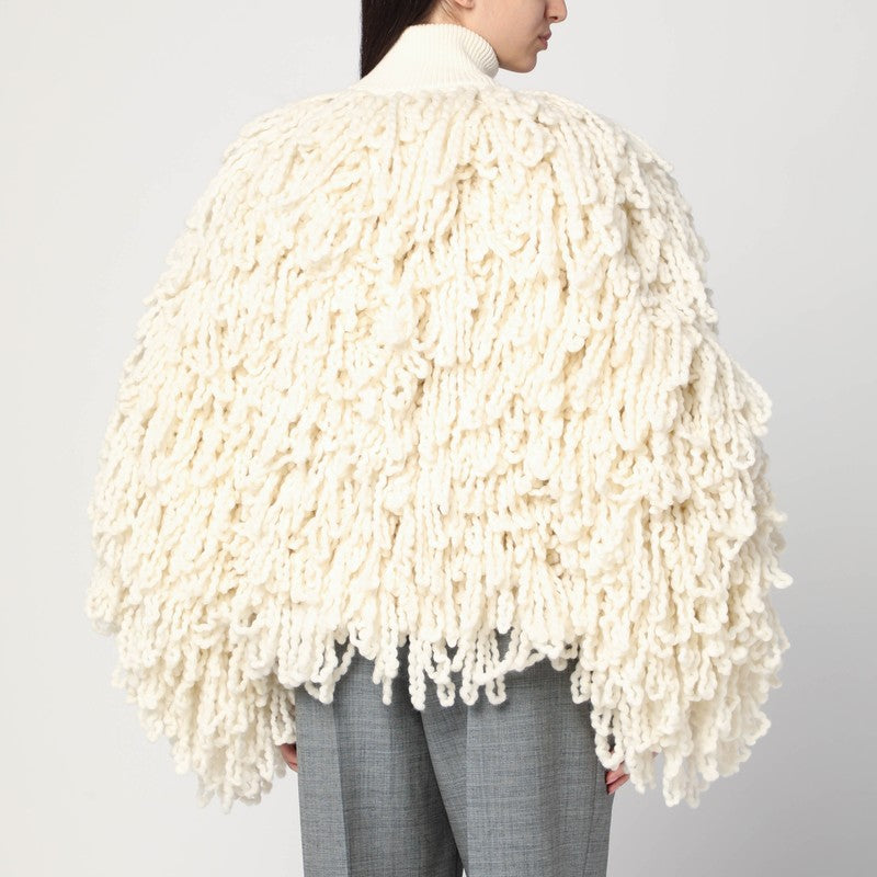 White wool bomber jacket with fringes
