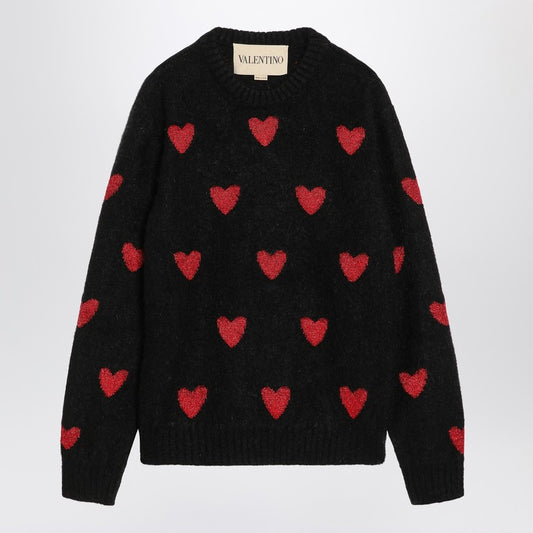 Jacquard heart pattern sweater black/red