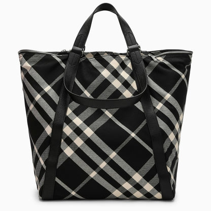 Black/calico Cotton-blend Tote Bag With Check Pattern