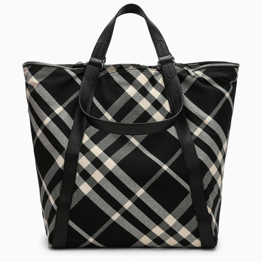 Black/calico Cotton-blend Tote Bag With Check Pattern