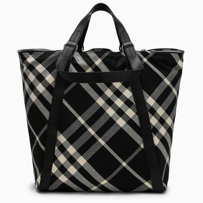 Black/calico Cotton-blend Tote Bag With Check Pattern