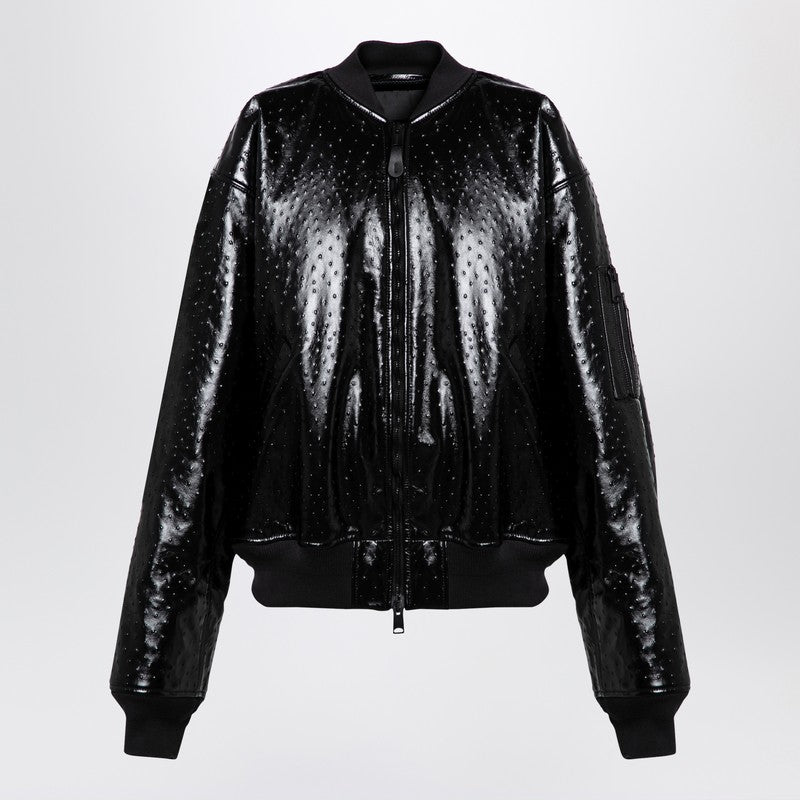 Black Leather Ostrich-effect Bomber Jacket