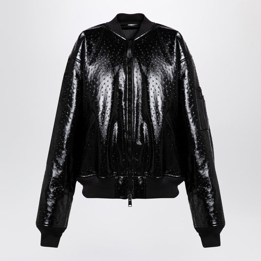 Black Leather Ostrich-effect Bomber Jacket
