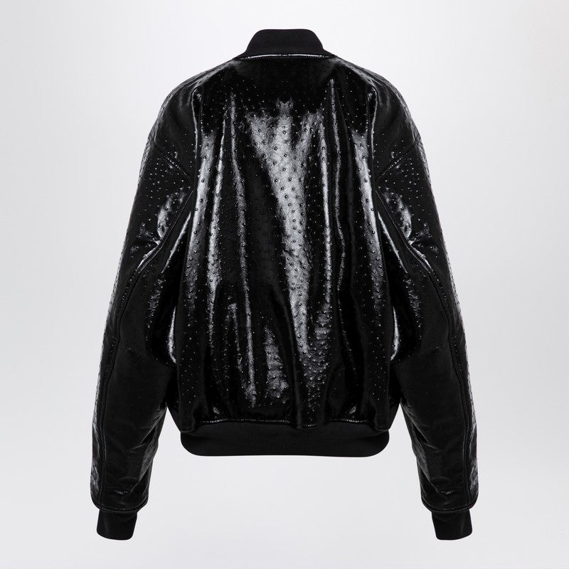 Black Leather Ostrich-effect Bomber Jacket