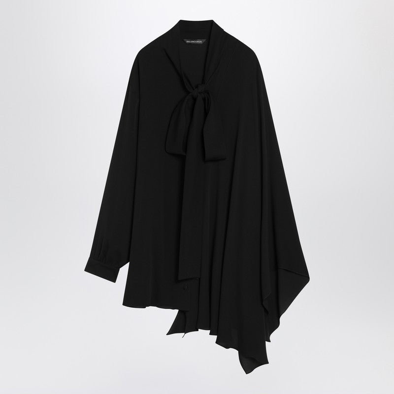 Asymmetric black silk blouse with scarf
