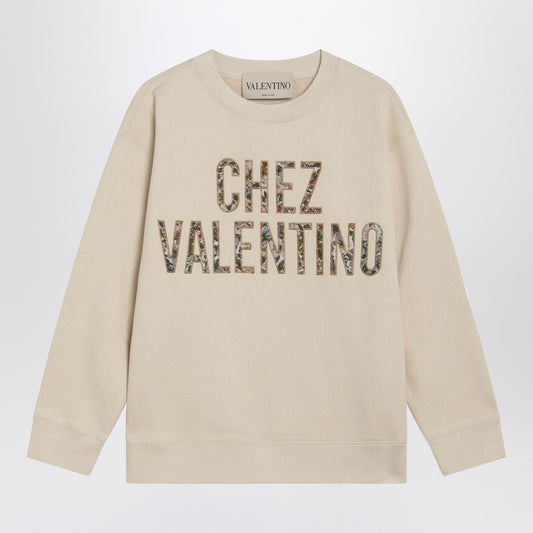 Ivory cotton sweatshirt with Chez Valentino floral motif
