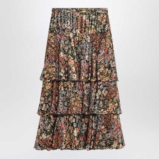 Silk tiered skirt with floral print