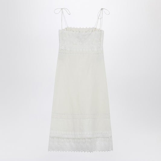 Ivory linen midi dress with Sangallo embroidery