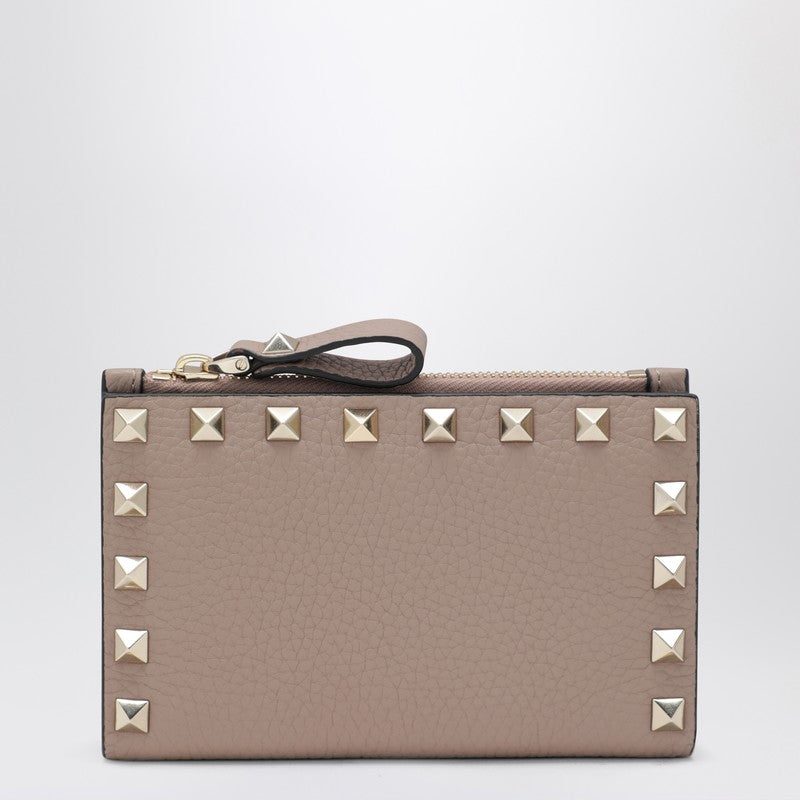 Powder Pink Leather Rockstud Zip Card Holder