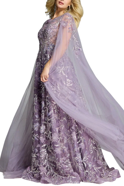 A-LINE GOWN WITH FLORAL EMBROIDERY AND CAPE SLEEVES