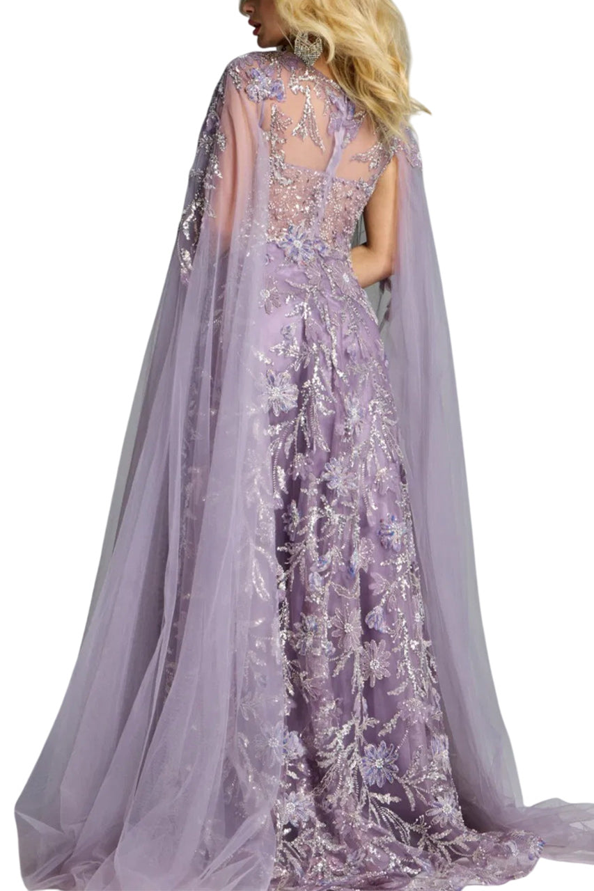 A-LINE GOWN WITH FLORAL EMBROIDERY AND CAPE SLEEVES
