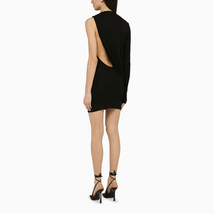 Black viscose one-shoulder dress with drape
