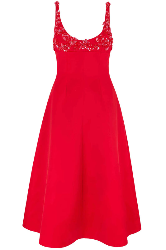 ABELLA EMBELLISHED DRESS IN BRIGHT RED DOPPIO SATIN