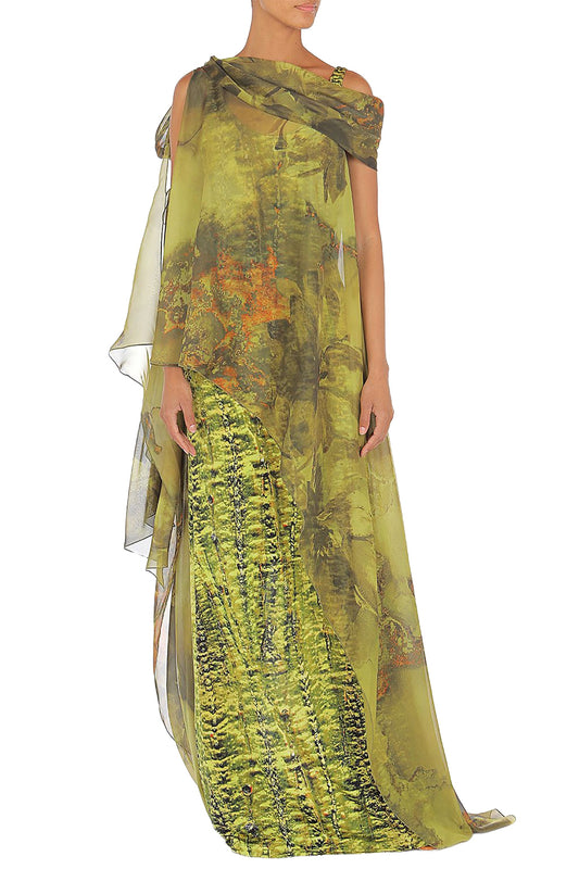 ABSTRACT PRINT CAPE DETAIL MAXI DRESS