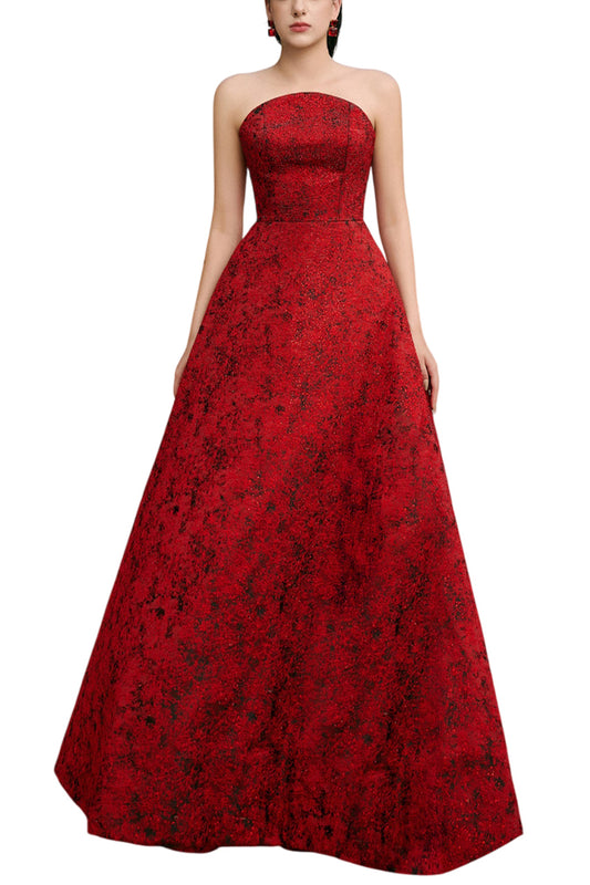 ANGELIQUE A-LINE CURVED NECK BROCADE FLOOR LENGTH DRESS