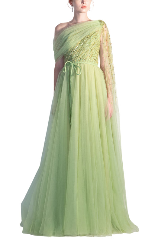 ASYMMETRIC EMBELLISHED TULLE GOWN