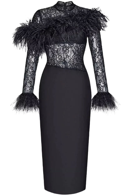 ASYMMETRIC FEATHER LACE AND CREPE DRESS