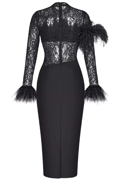 ASYMMETRIC FEATHER LACE AND CREPE DRESS