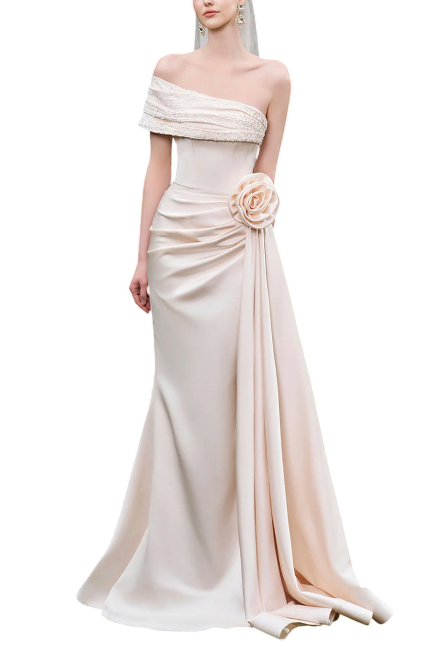 ASYMMETRICAL SHOULDER GOWN WITH DRAPPED DETAILS
