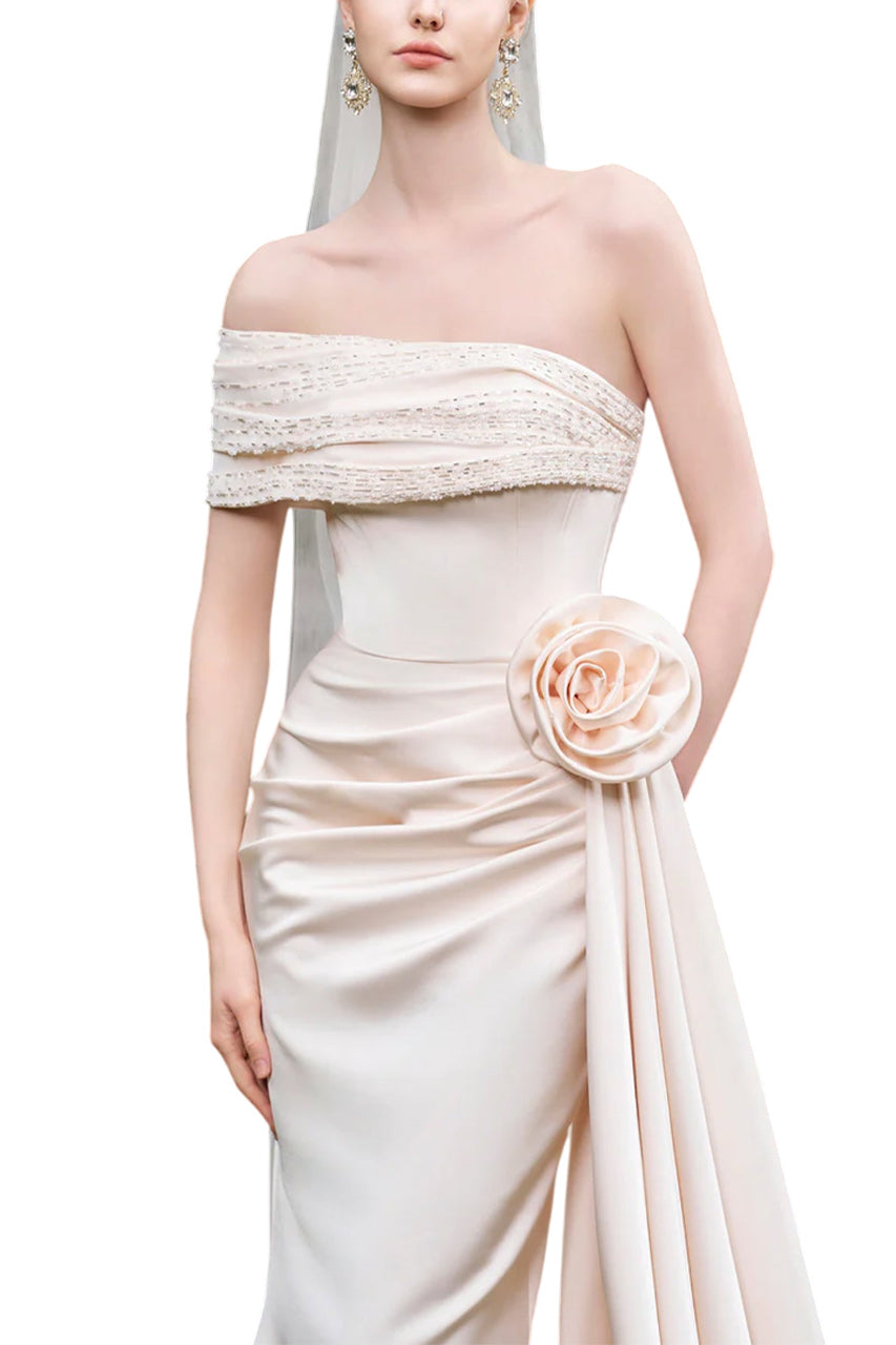 ASYMMETRICAL SHOULDER GOWN WITH DRAPPED DETAILS